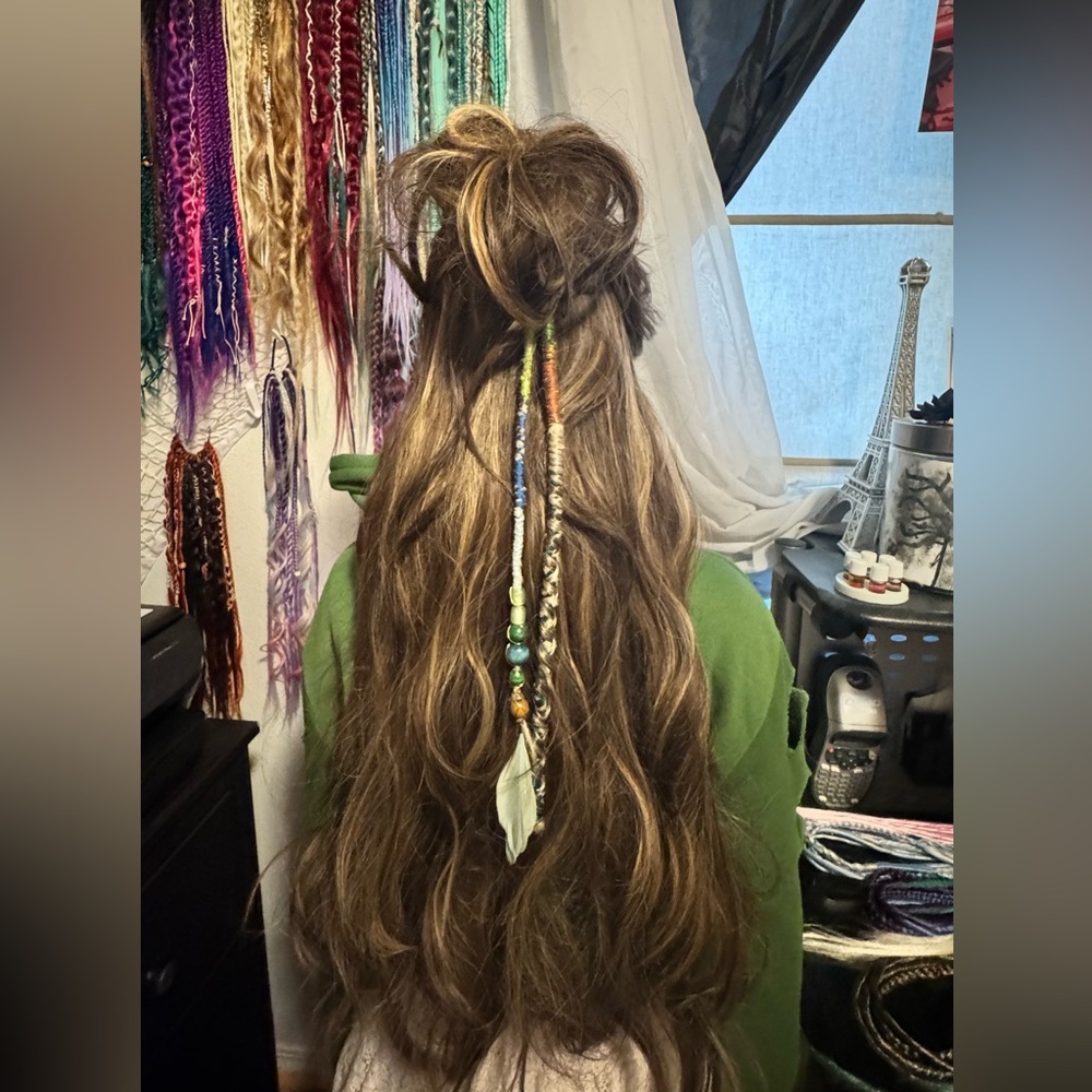 Handmade Mixed Human Hair Dreadlock Wrap with Beads and Feathers - Brown Base